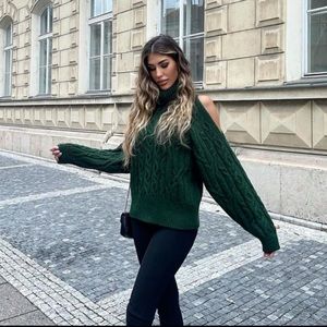 Zara Dark Green Cable Knit Cold-Shoulder Sweater